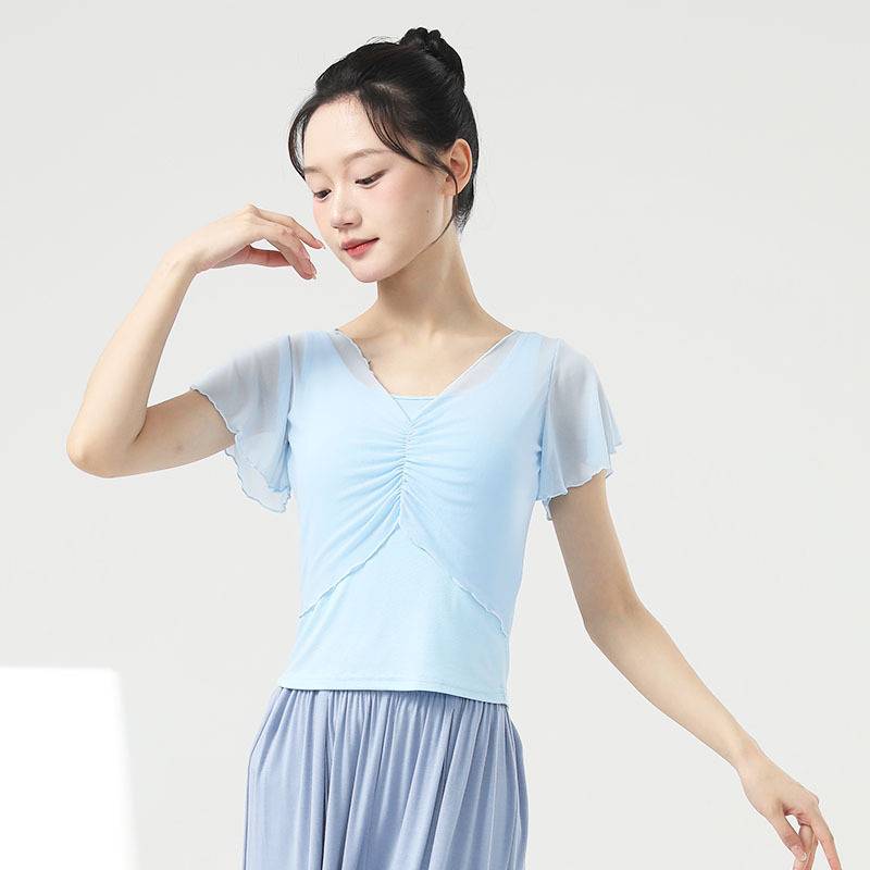 Modern dance exercise service female summer new net gauze fold repair top dance daily body training clothes top