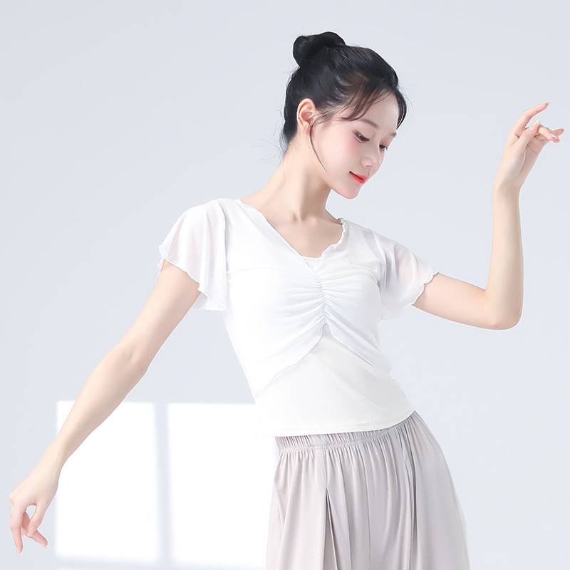 Modern dance exercise service female summer new net gauze fold repair top dance daily body training clothes top