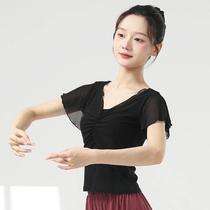 Modern dance exercise service female summer new net gauze fold repair top dance daily body training clothes top