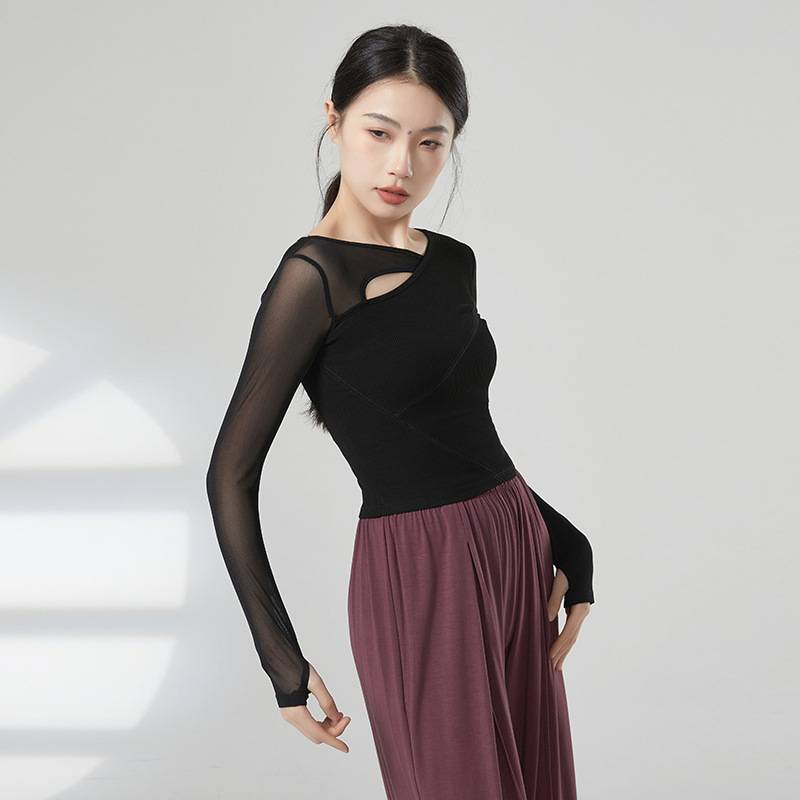 Modern dance spring and summer 2024 stitching mesh long -sleeved top dance service Chinese dance -shaped sports girl