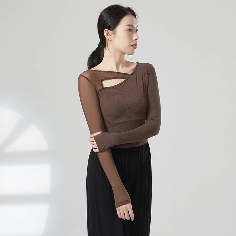 Modern dance spring and summer 2024 stitching mesh long -sleeved top dance service Chinese dance -shaped sports girl