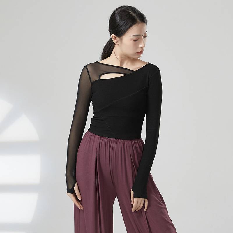 Modern dance spring and summer 2024 stitching mesh long -sleeved top dance service Chinese dance -shaped sports girl