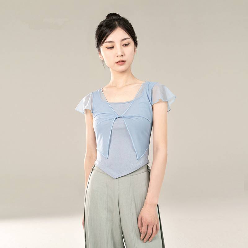 Classical short -sleeved dance exercise uniforms summer adult professional top Chinese elegant net gauze modern dance -shaped clothing