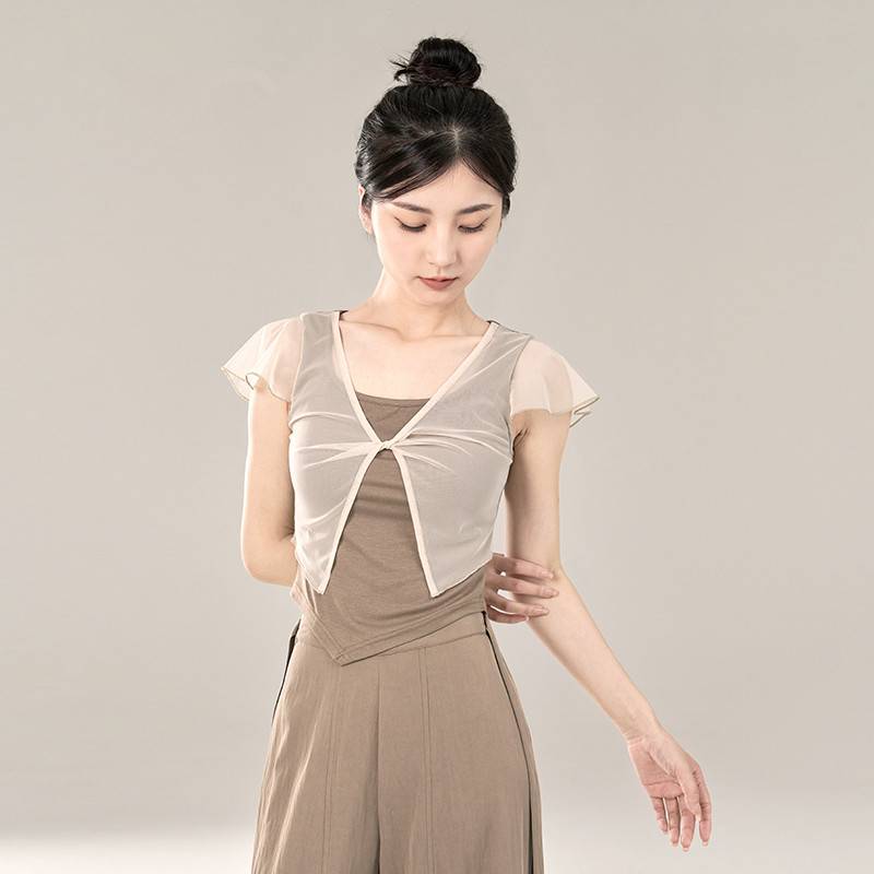 Classical short -sleeved dance exercise uniforms summer adult professional top Chinese elegant net gauze modern dance -shaped clothing