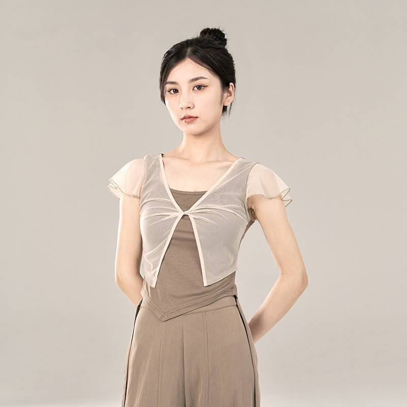 Classical short -sleeved dance exercise uniforms summer adult professional top Chinese elegant net gauze modern dance -shaped clothing