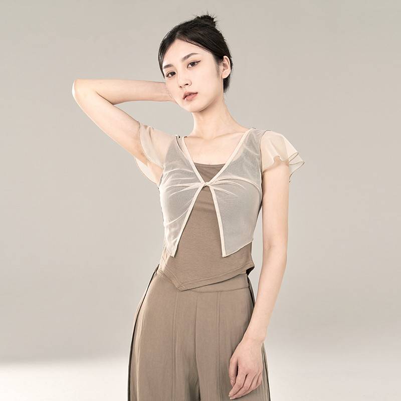 Classical short -sleeved dance exercise uniforms summer adult professional top Chinese elegant net gauze modern dance -shaped clothing