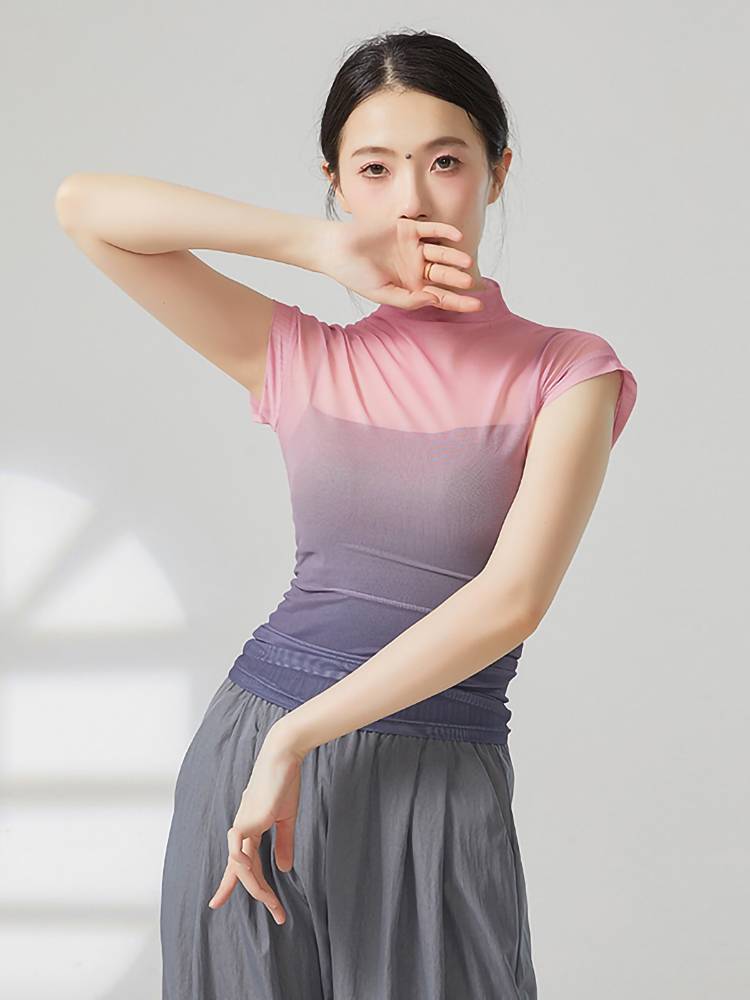 Modern dance short -sleeved gauze top dance clothing gradient slimming body clothes small high -necked dance practice service classical dance