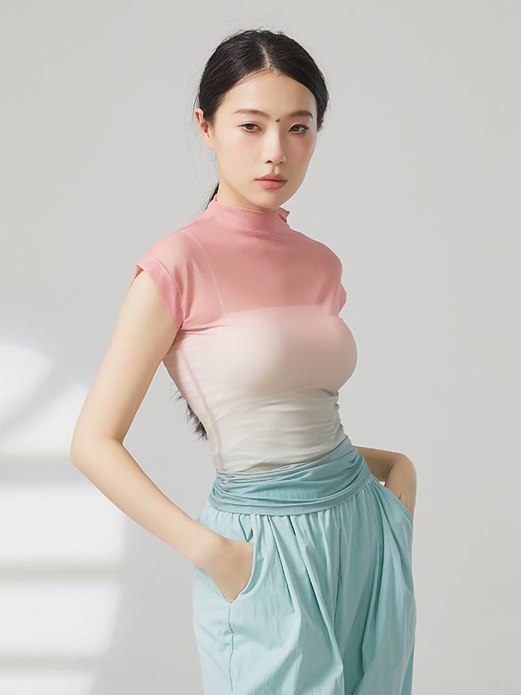 Modern dance short -sleeved gauze top dance clothing gradient slimming body clothes small high -necked dance practice service classical dance
