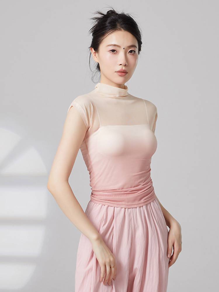 Modern dance short -sleeved gauze top dance clothing gradient slimming body clothes small high -necked dance practice service classical dance