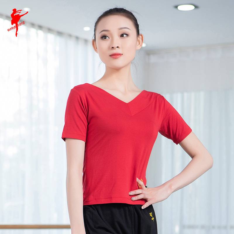 Red Dance Shoes 35060 Summer color matching short -sleeved top V -neck fashion big size T -shirt Modern Dance Square Dance Fun Leading