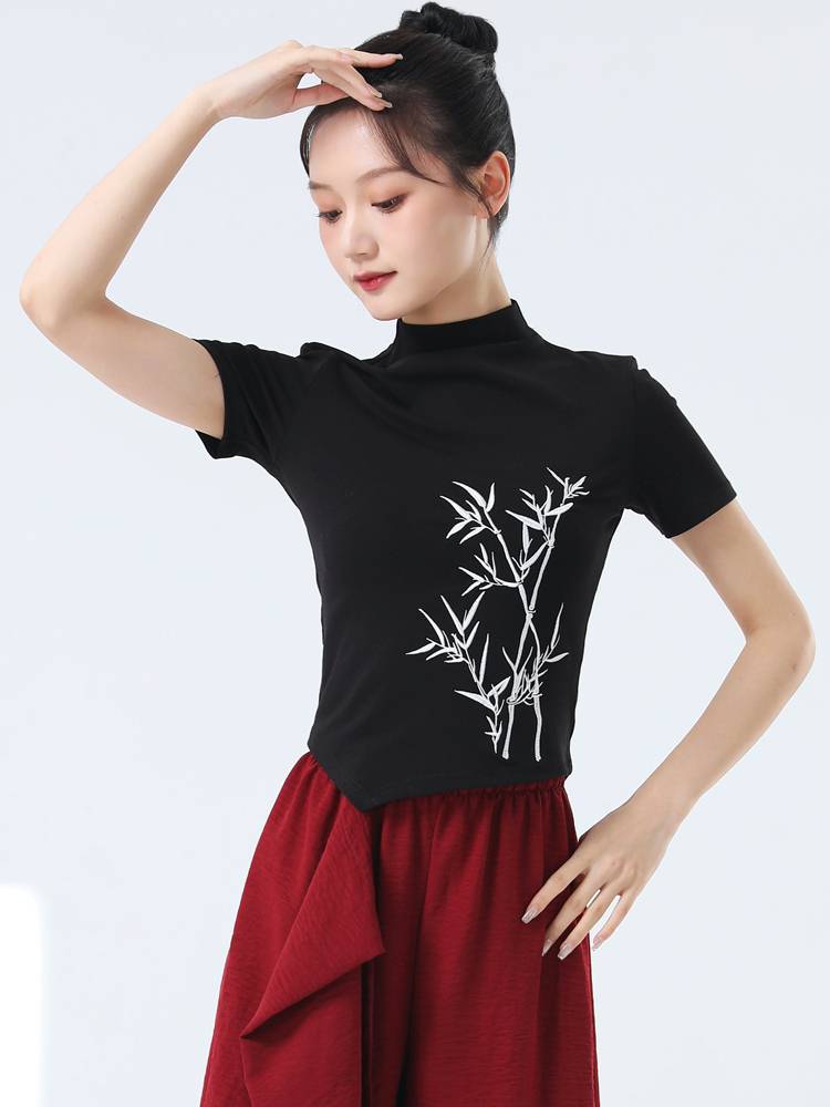 The new modern dance exercise service female adult temperament small high -collar national style dance short -sleeved top classical dance clothing summer
