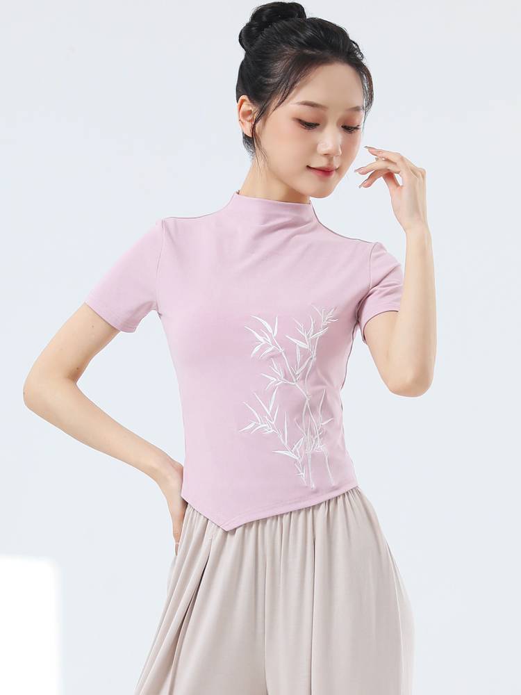 The new modern dance exercise service female adult temperament small high -collar national style dance short -sleeved top classical dance clothing summer