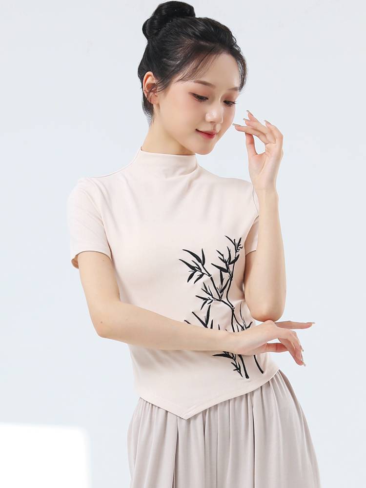 The new modern dance exercise service female adult temperament small high -collar national style dance short -sleeved top classical dance clothing summer