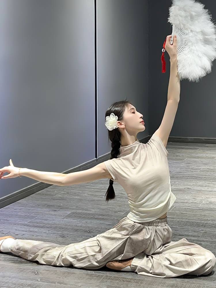 Modern dance service female 2024 Summer smudge and gradual short sleeve top Classical dance exercise body training suit