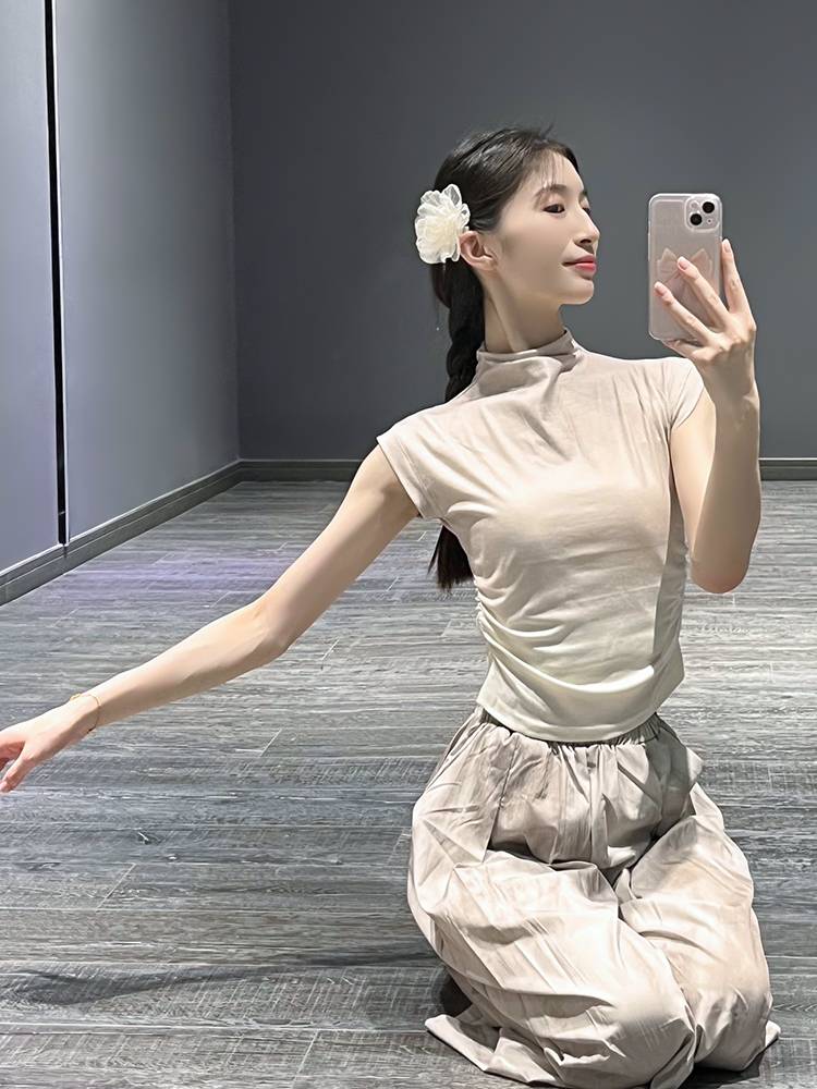 Modern dance service female 2024 Summer smudge and gradual short sleeve top Classical dance exercise body training suit