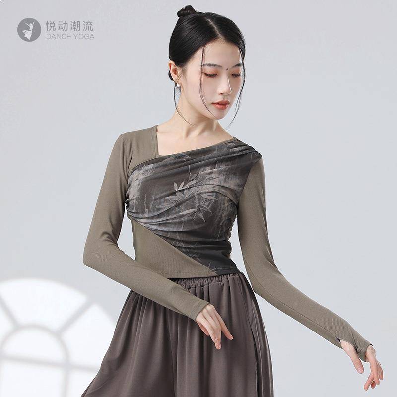 Guofeng's new Chinese -style stitching ink gauze sloping design sense long -sleeved sleeve refers to modern dance dance practice clothes