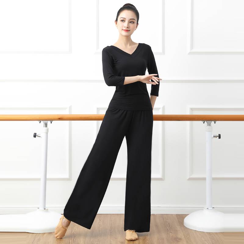 V -neck dance exercise service women's suit style dress adult modern dance black top Student Chinese dance wide -leg pants