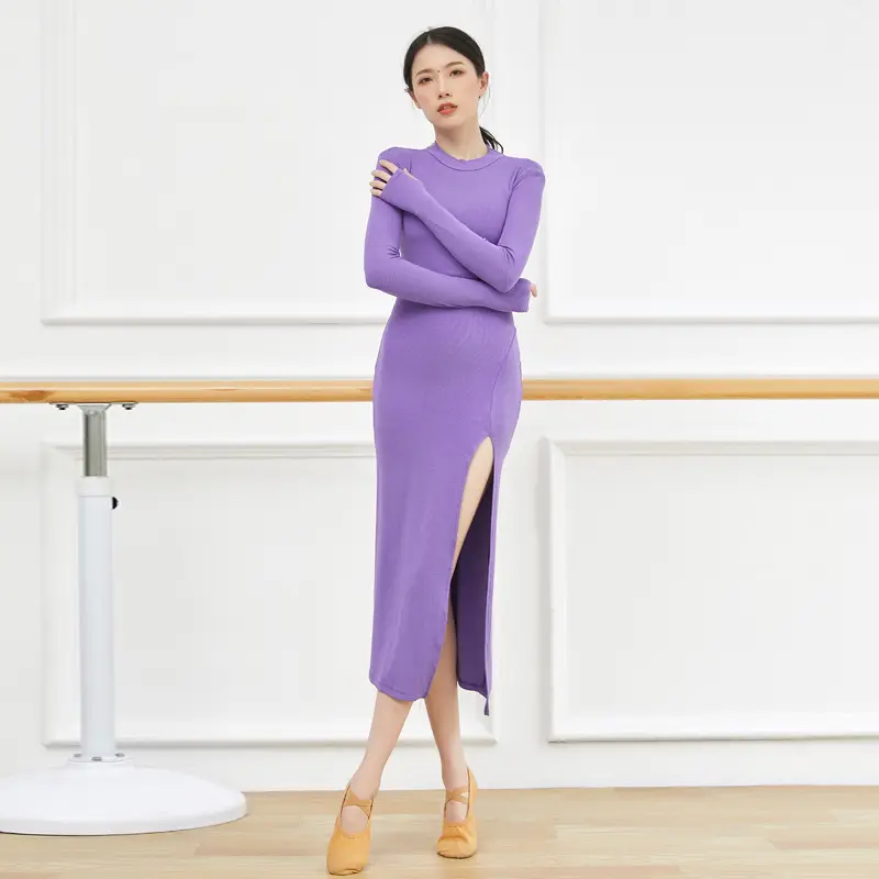 Autumn European sexy side split slim slim hip dress female long -sleeved long -sleeved dance performance jazz modern dance