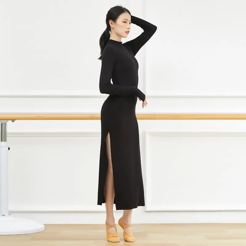 Autumn European sexy side split slim slim hip dress female long -sleeved long -sleeved dance performance jazz modern dance