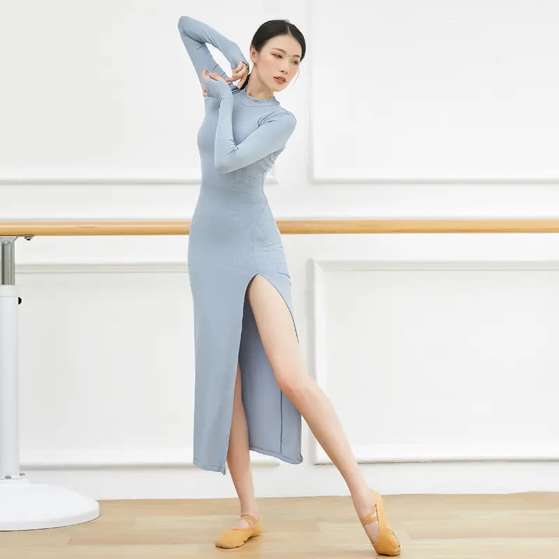 Autumn European sexy side split slim slim hip dress female long -sleeved long -sleeved dance performance jazz modern dance