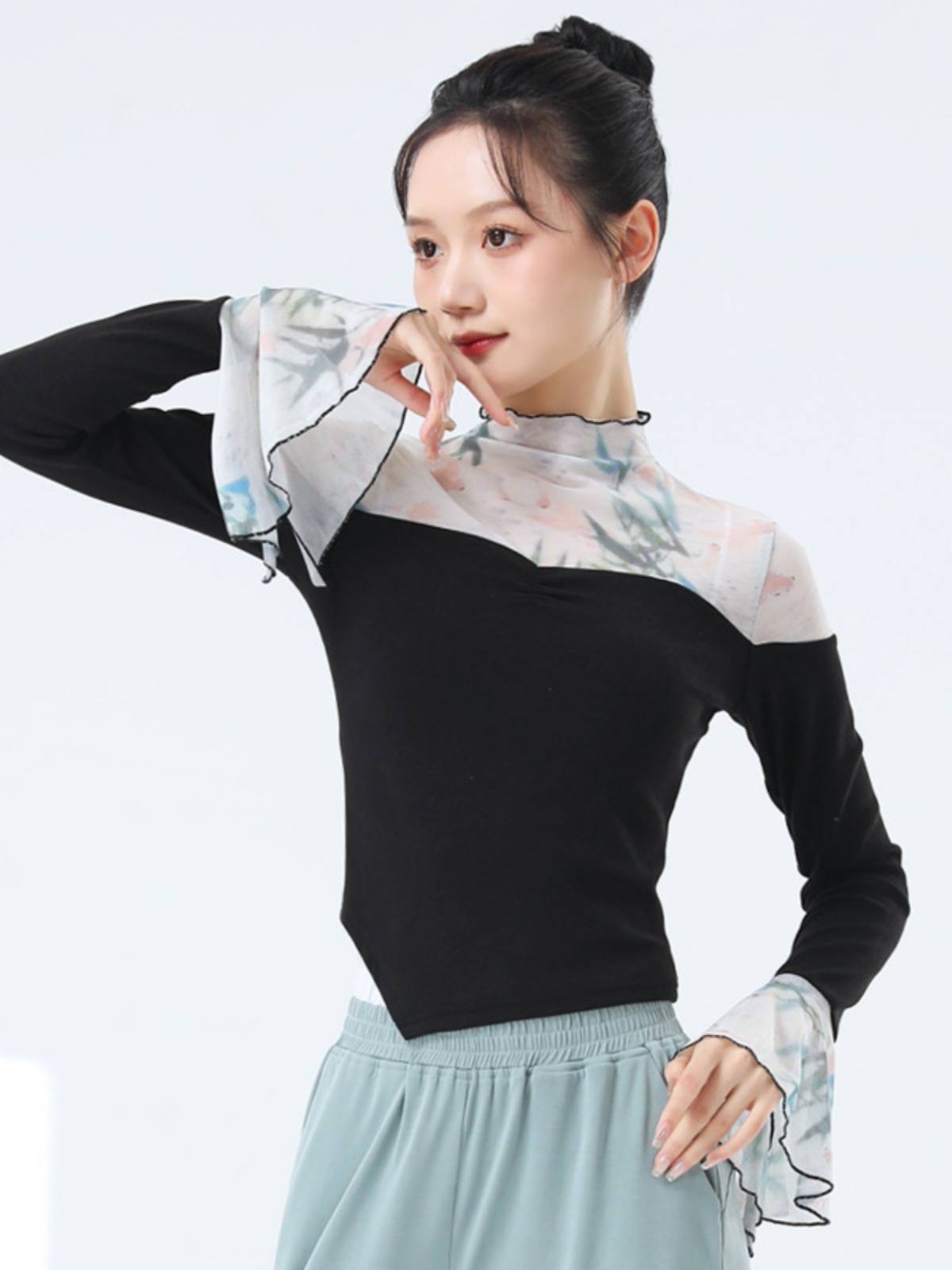 Modern dance exercise female summer splicing gauze sleeve new dance clothing slim net gauze classical dance Chinese style test