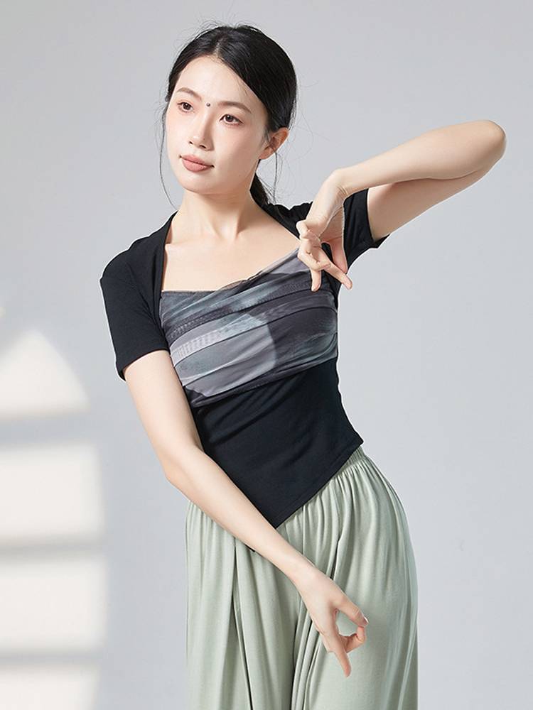 Gongyan irregular hem of modern classical dance body training exercises, clothing net gauze stitching short -sleeved jackets