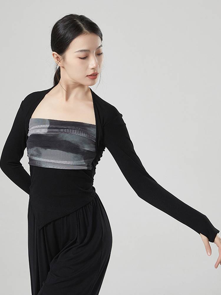 Gongyan irregular hem of modern classical dance body training exercises, clothing net gauze stitching short -sleeved jackets