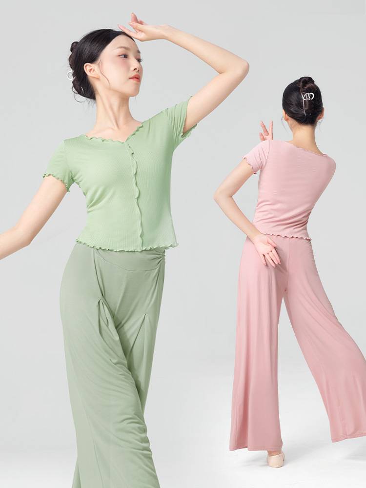 Dance service top female black summer long short -sleeved modern dance -shaped sports service new Modal classical dance service