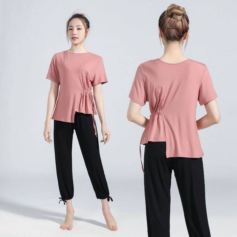 Dance service teacher dedicated to practice female loose straight tube suit body training suit long short -sleeved modern dance wide -leg pants