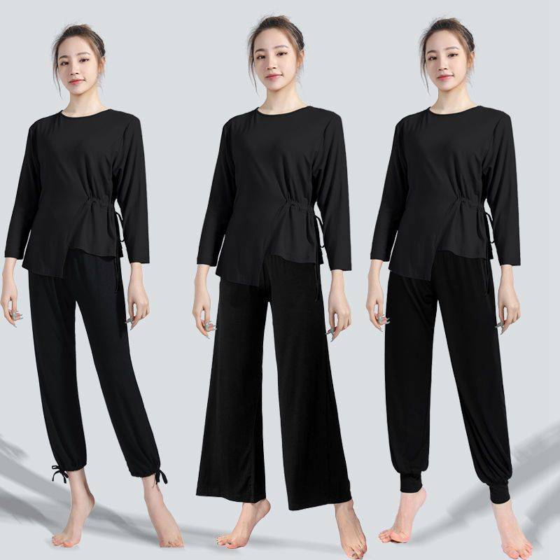 Dance service teacher dedicated to practice female loose straight tube suit body training suit long short -sleeved modern dance wide -leg pants