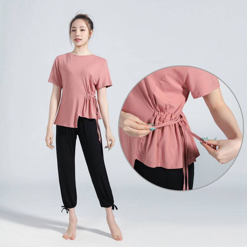 Dance service teacher dedicated to practice female loose straight tube suit body training suit long short -sleeved modern dance wide -leg pants