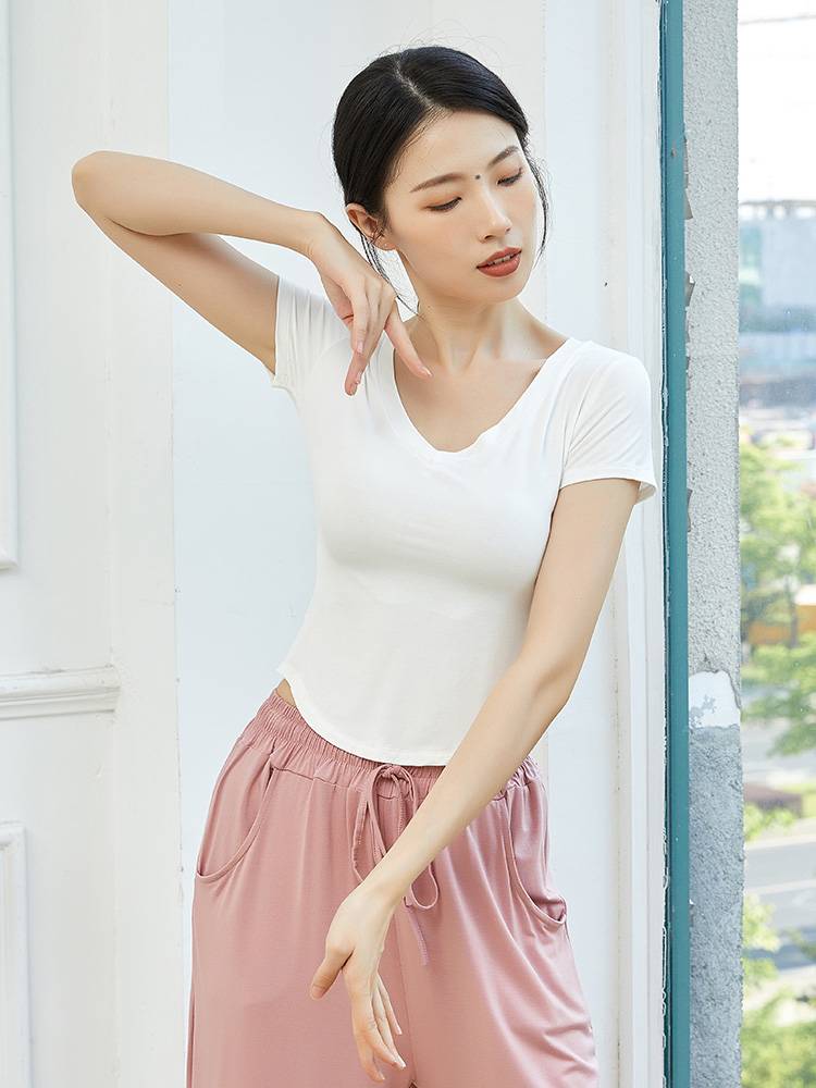 Dance service top Modal short -sleeved black V -neck yoga ballet Modern dance adult classical dance exercises