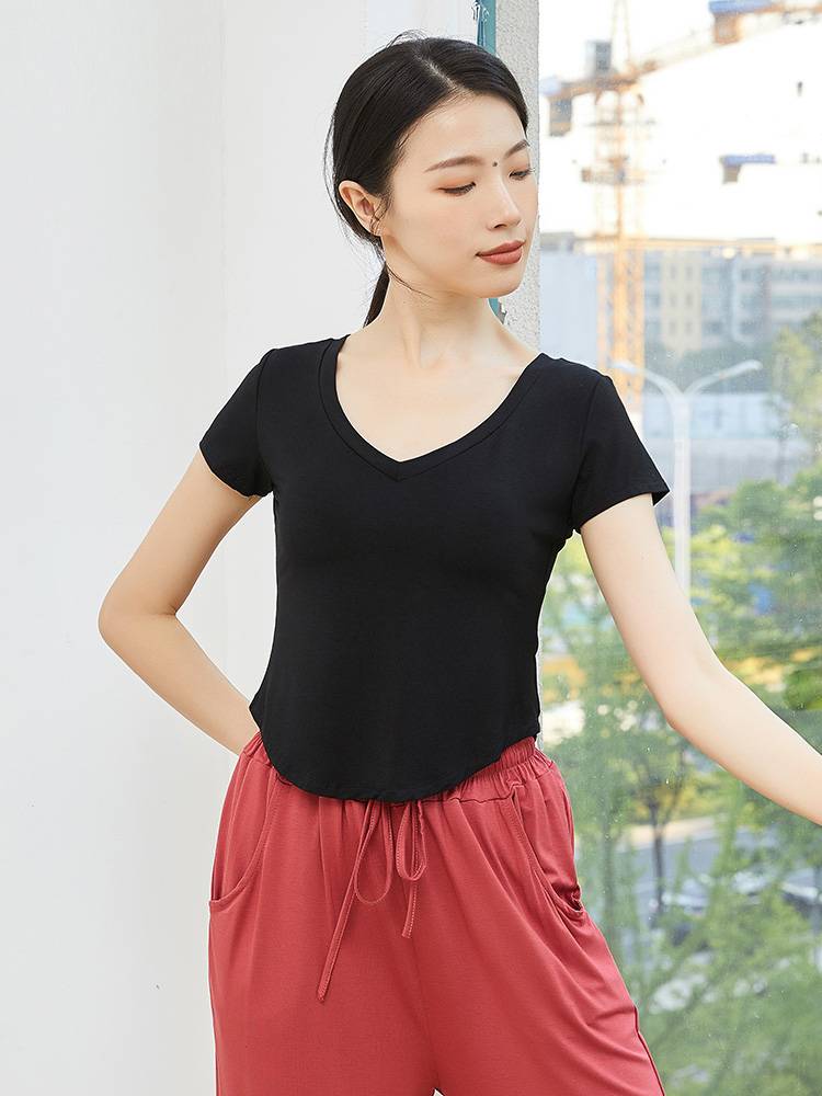 Dance service top Modal short -sleeved black V -neck yoga ballet Modern dance adult classical dance exercises