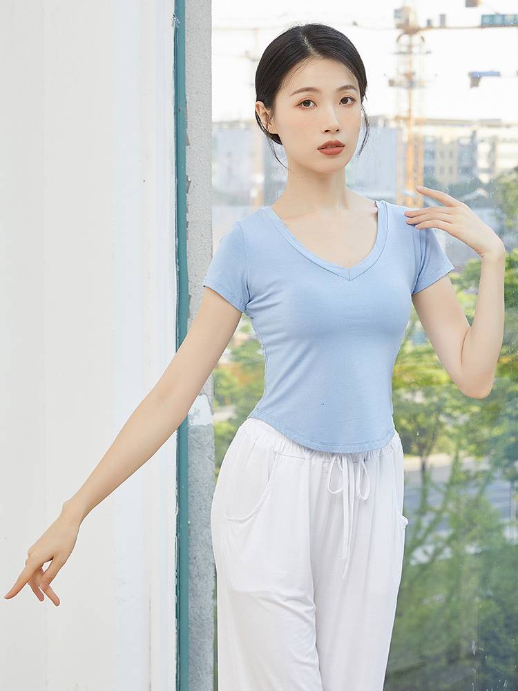 Dance service top Modal short -sleeved black V -neck yoga ballet Modern dance adult classical dance exercises