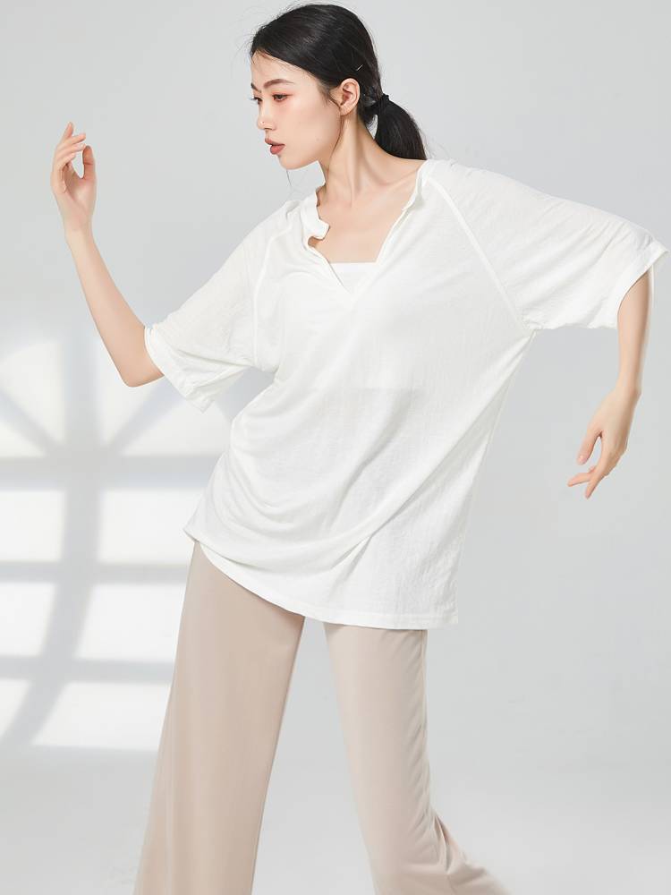 Modern dance exercise dance dance birthday wearing loose deep V men and women, the same personality long -sleeved wild top T -shirt