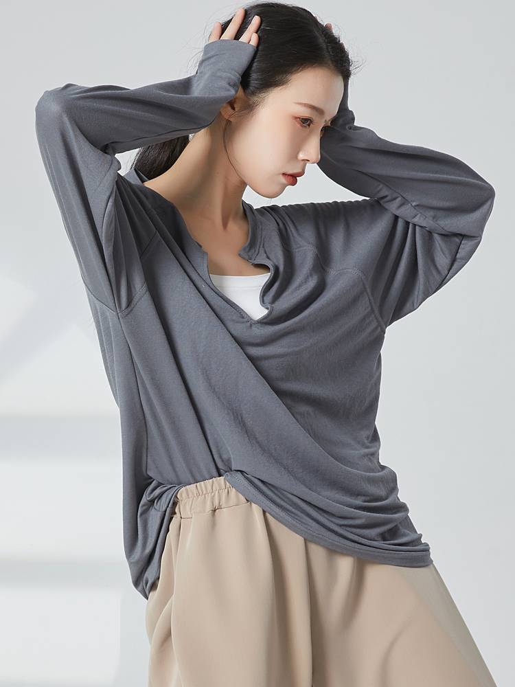 Modern dance exercise dance dance birthday wearing loose deep V men and women, the same personality long -sleeved wild top T -shirt