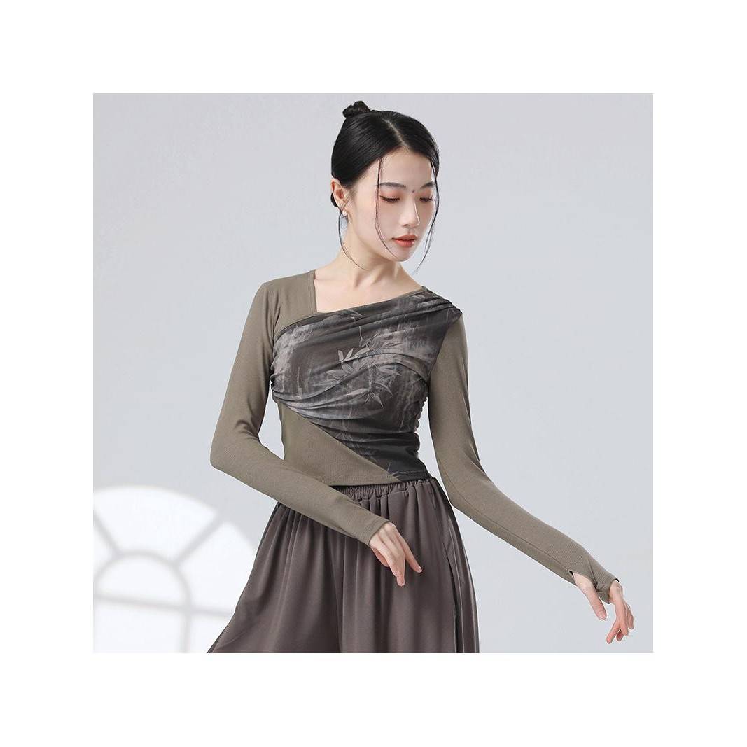 Guofeng's new Chinese -style stitching ink gauze sloping design sense long -sleeved sleeve refers to modern dance dance practice clothes