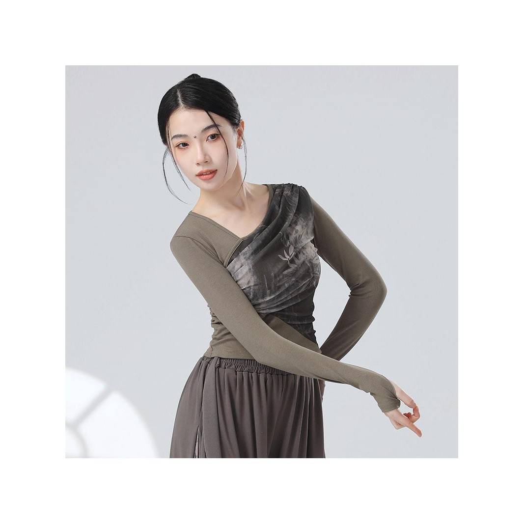 Guofeng's new Chinese -style stitching ink gauze sloping design sense long -sleeved sleeve refers to modern dance dance practice clothes
