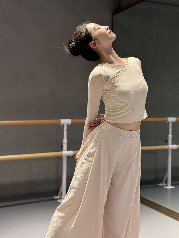 Spring new dance clothing stitching mesh sleeve fingers long -sleeved top Classical dance modern dance Chinese dance exercise sportswear
