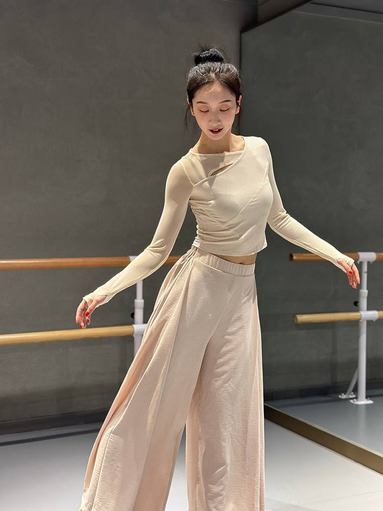 Spring new dance clothing stitching mesh sleeve fingers long -sleeved top Classical dance modern dance Chinese dance exercise sportswear