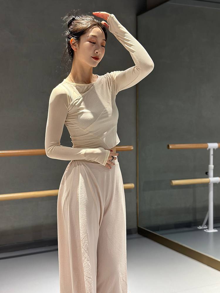 Spring new dance clothing stitching mesh sleeve fingers long -sleeved top Classical dance modern dance Chinese dance exercise sportswear