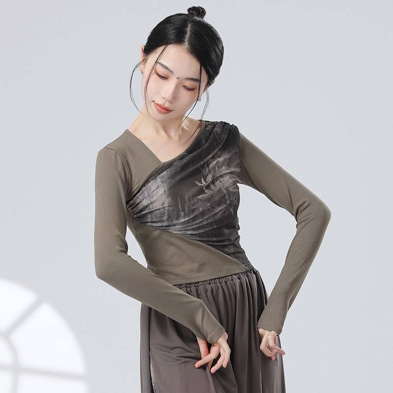 Guofeng's new Chinese -style stitching ink gauze sloping design sense long -sleeved sleeve refers to modern dance dance practice clothes