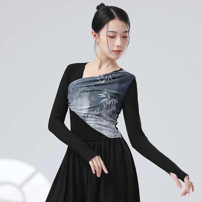 Guofeng's new Chinese -style stitching ink gauze sloping design sense long -sleeved sleeve refers to modern dance dance practice clothes