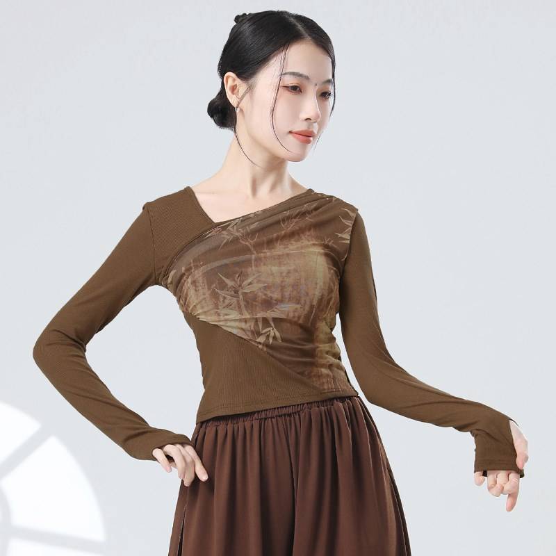 Guofeng's new Chinese -style stitching ink gauze sloping design sense long -sleeved sleeve refers to modern dance dance practice clothes