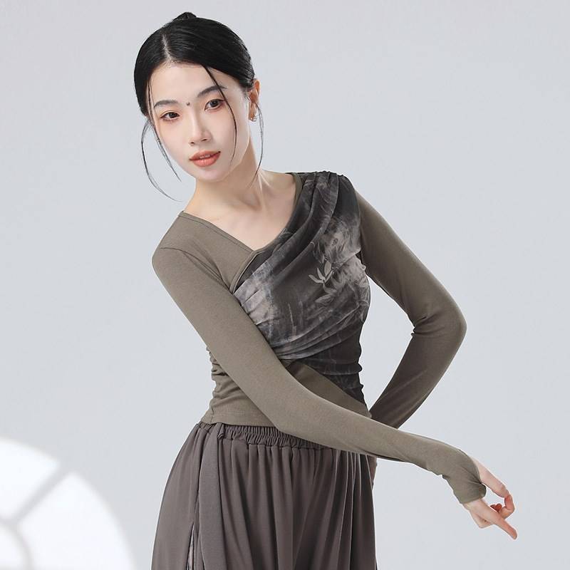 Guofeng's new Chinese -style stitching ink gauze sloping design sense long -sleeved sleeve refers to modern dance dance practice clothes