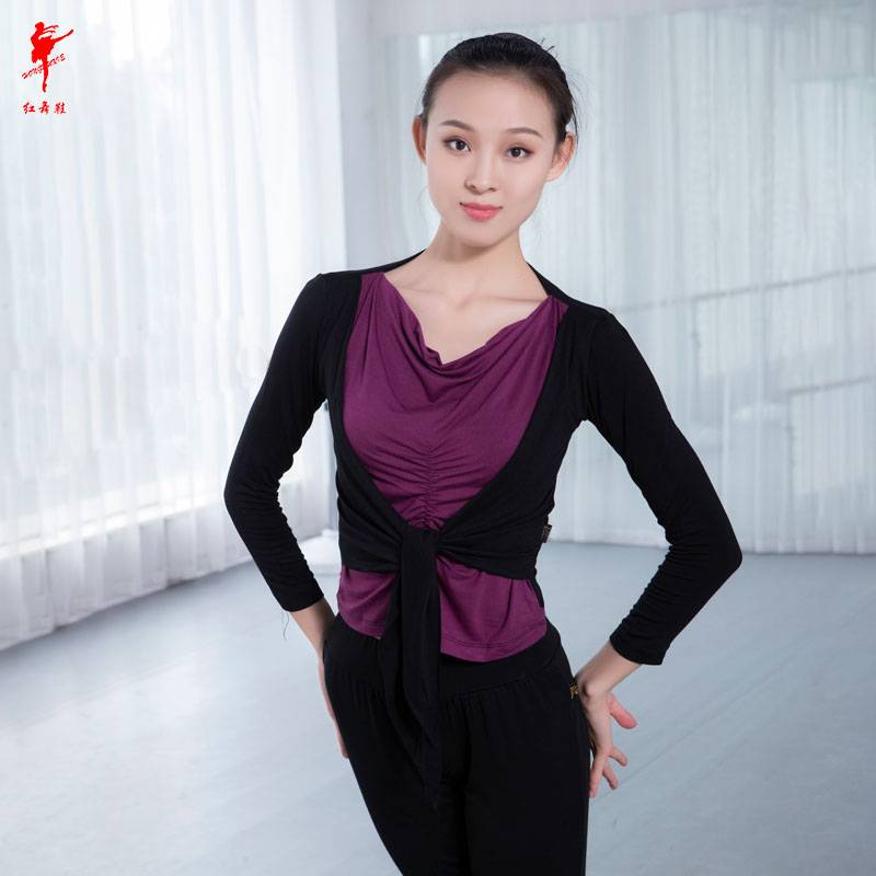 Red Dance Shoes 35216 Dance Server Female Adult Short Sleeve Top Modern Dance Plaza Dance Long Sleeve Practice Server Two pieces
