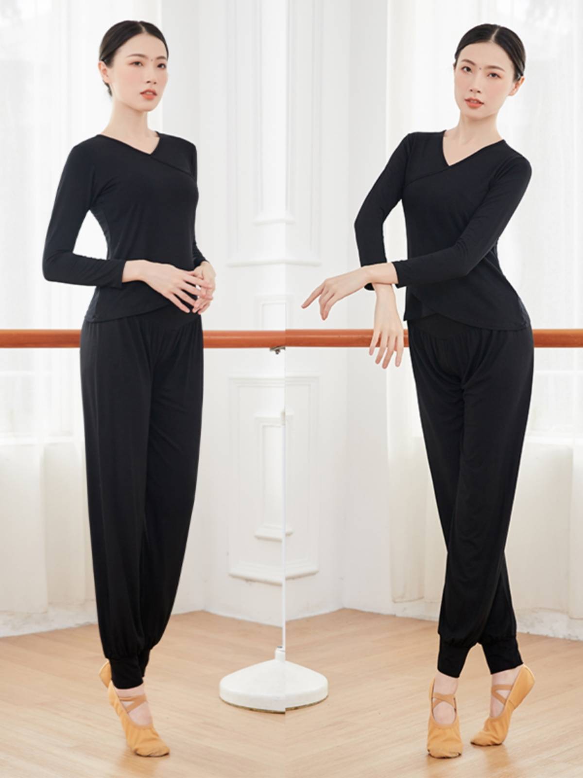 Spring and summer black dance practice clothes top female modern dance clothing dance dance lantern pants Chinese dance suit is thin