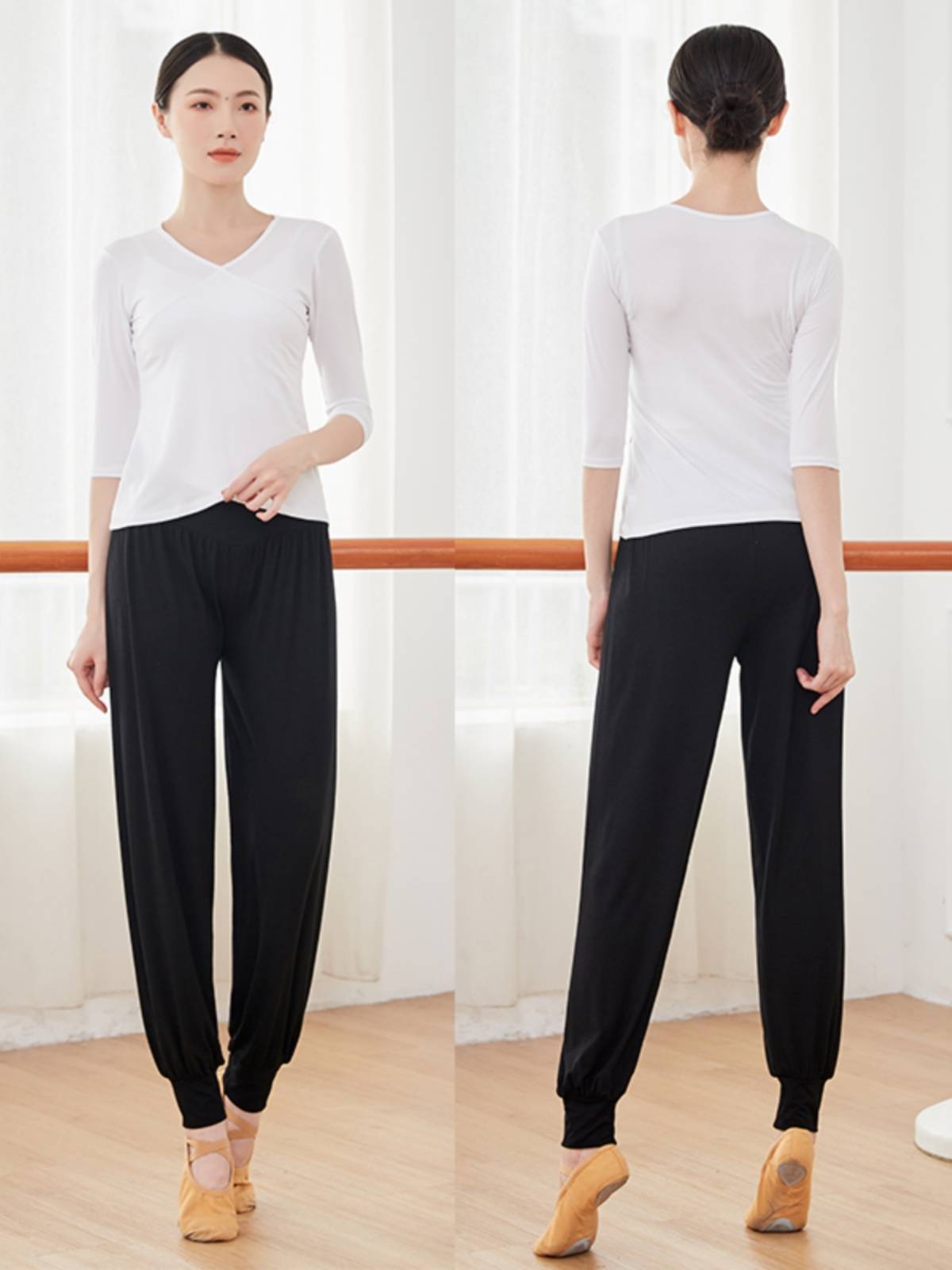 Spring and summer black dance practice clothes top female modern dance clothing dance dance lantern pants Chinese dance suit is thin