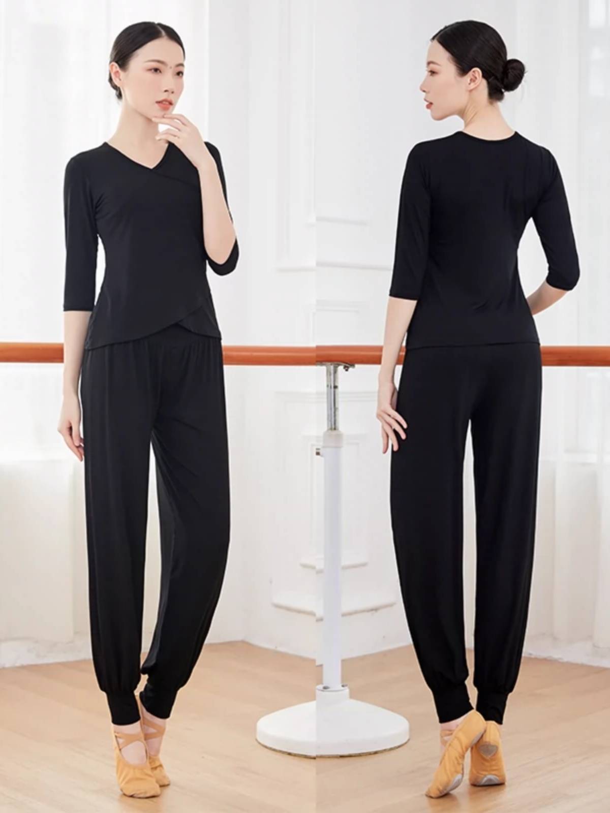 Spring and summer black dance practice clothes top female modern dance clothing dance dance lantern pants Chinese dance suit is thin