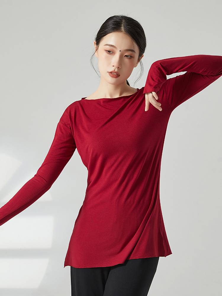 Modern dance loose practice service dance service breathable unilateral split long top long sleeves thin t -shirt shape clothes
